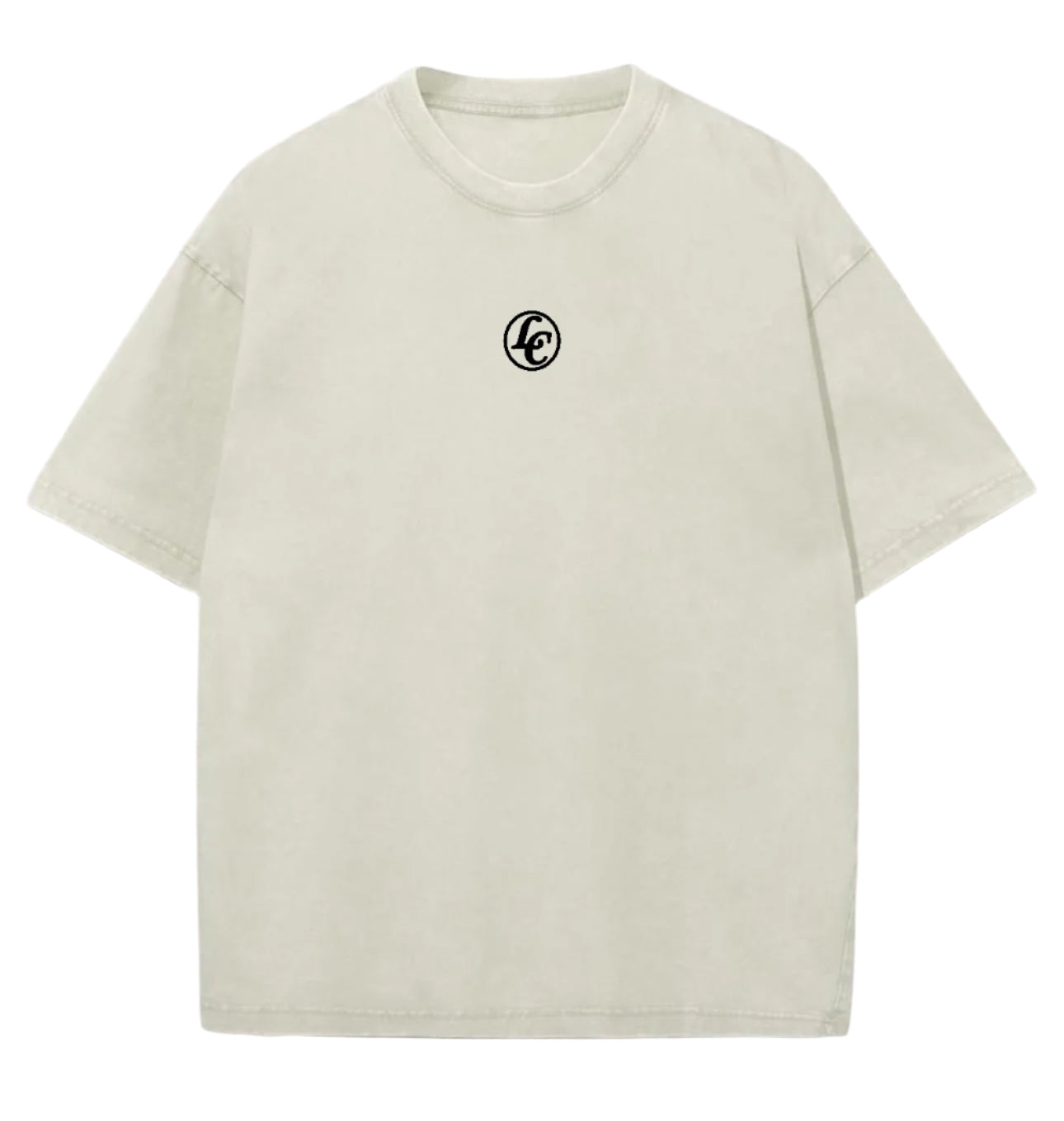 Beige t-shirt with a small logo on a white background